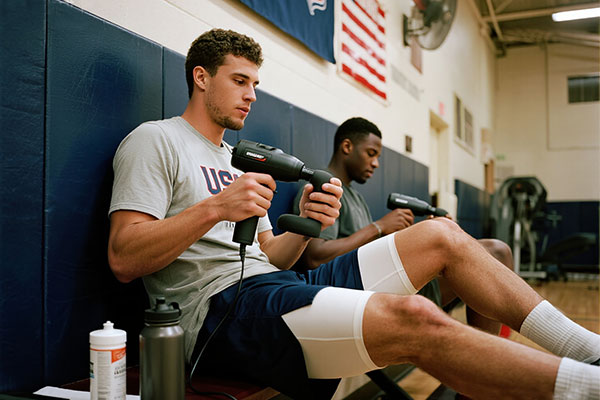 Athletic recovery gifts for basketball players - teammates using massage tools in training room recovery zone