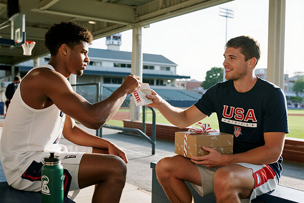Basketball teammates exchanging gifts on college campus - player receiving customized water bottle at basketball court
