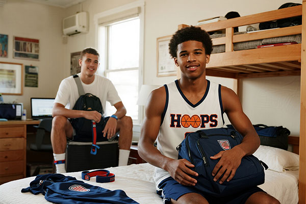 Custom team gear gifts for basketball players - students showing personalized jerseys and sports bags in college dorm room