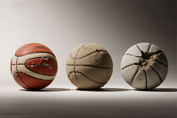 Outdoor use risks for silent basketball - Triptych showing surface abrasion, dirt penetration, and deformation from improper use