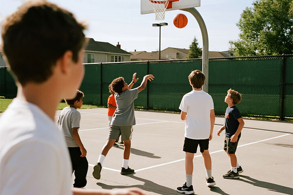 Proper silent basketball outdoor use - A group of American teenagers playing silent basketball on a smooth court in a community park.