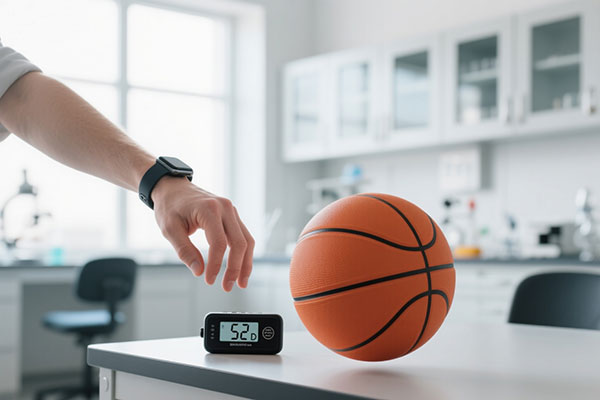 Scientific testing of silent basketball quietness - hand dropping ball next to decibel meter showing 52 dB reading in labs.