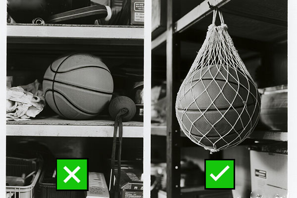 Silent basketball stuffed into a cramped locker vs. Silent basketball placed in the net and hung up