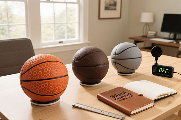 Which is the best silent basketball - professional review setup with three different quiet basketballs, decibel meter, and testing notebook on desk