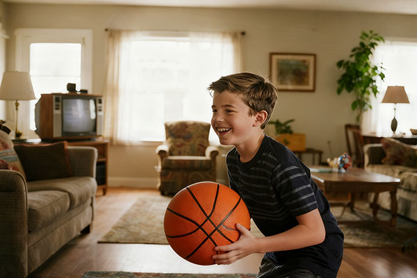 10 year old boy practicing with silent foam basketball in apartment