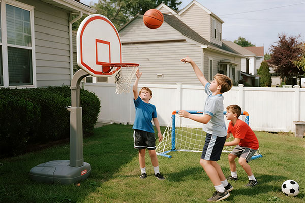 10 years old boys playing with adjustable basketball hoop and backyard sports set in American suburban yard