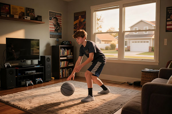 A teenager practicing dribbling with a homemade silent basketball covered in gray foam in a cozy American game room.