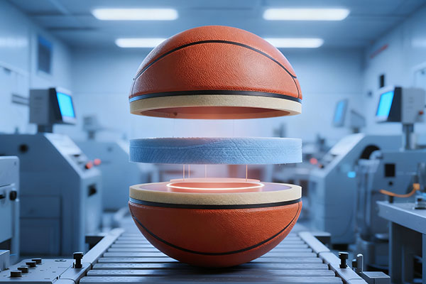 Anatomy of a professionally manufactured silent basketball, showing its layered construction foam core, non-slip outer layer, and wear-resistant coating.