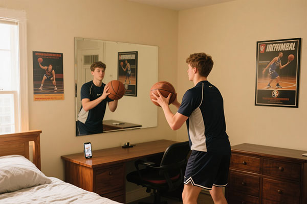 Basketball shooting form correction - player comparing technique in mirror using smartphone and silent basketball in bedroom