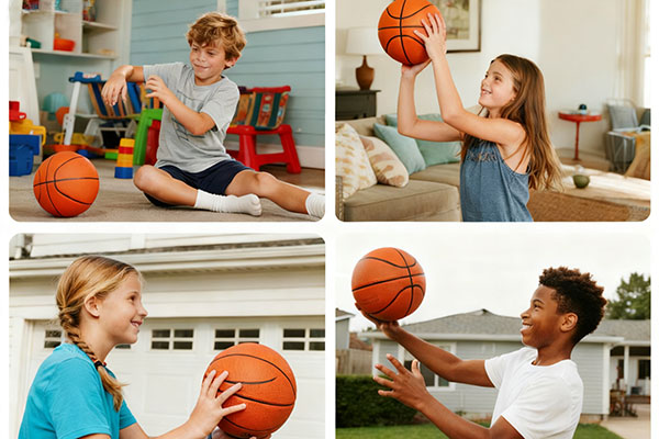 Basketball size by age group - collage showing children ages 5-17 using appropriate sized silent basketballs in American home settings
