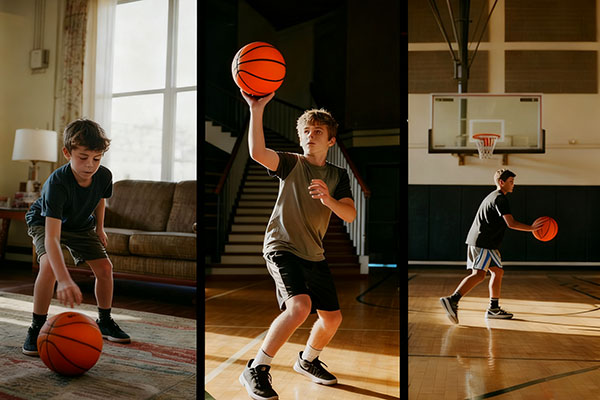 Basketball size for different skill levels - triptych showing beginner to advanced players using proper sized silent basketballs in various training environments