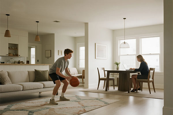 Basketball training exercises at home - diverse college student practicing V-dribble with silent basketball in apartment living room while girlfriend works nearby