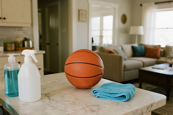 How to clean a silent basketball - American kitchen setup with silent basketball and cleaning supplies on countertop