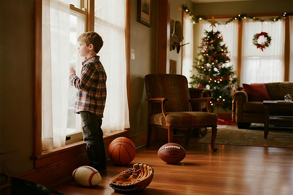 Professional sports gear for 10 year old boys Wilson basketball, NFL football, baseball glove, etc.