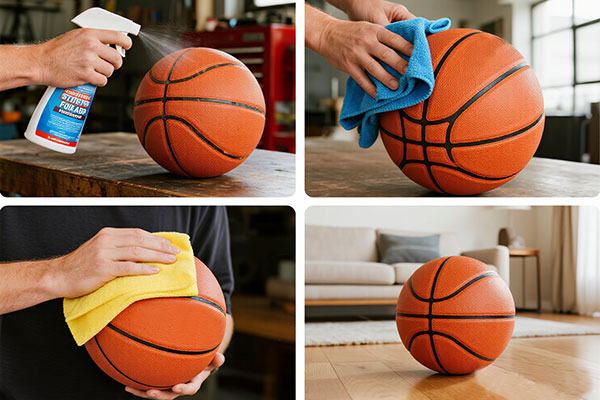 Silent basketball cleaning steps - 4-panel diagram showing proper washing and drying process