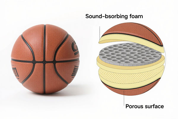 Silent basketball material diagram - comparison showing sound-absorbing foam layers vs traditional rubber construction