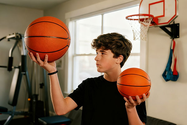 What size silent basketball should I get - A teenager comparing size 7 vs size 5 quiet basketballs in apartment.