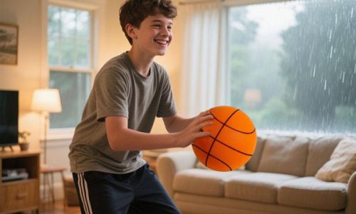 a boy practicing indoor basketball in living room with silent basketball during bad weather a boy practicing indoor basketball in living room with silent basketball during bad weather