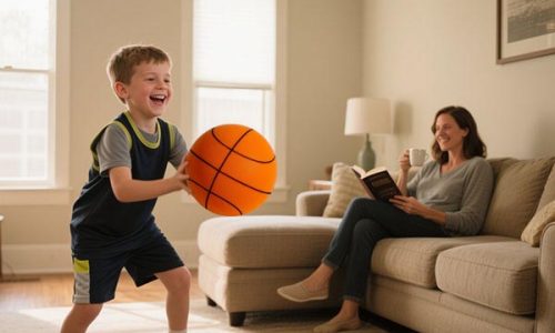 The little boy played silent basketball in the apartment, not disturbing his parents at all as they worked The little boy played silent basketball in the apartment, not disturbing his parents at all as they worked